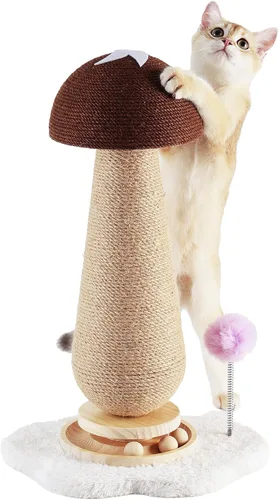 Poste rascador de hongo para gatos con pista interactiva de bolas de resorte, juguete para gatos, árbol rascador de yute para gatos de interior,
