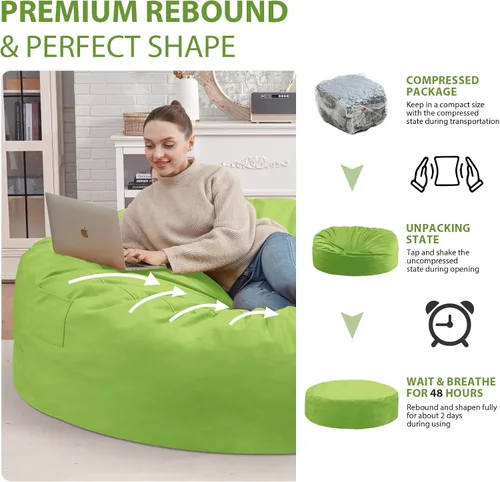 Miniatura 310 de Puf de 5 pies, puf grande con relleno de espuma viscoelástica, sofá puff esponjoso con funda de terciopelo holandés, puf redondo para sala de estar