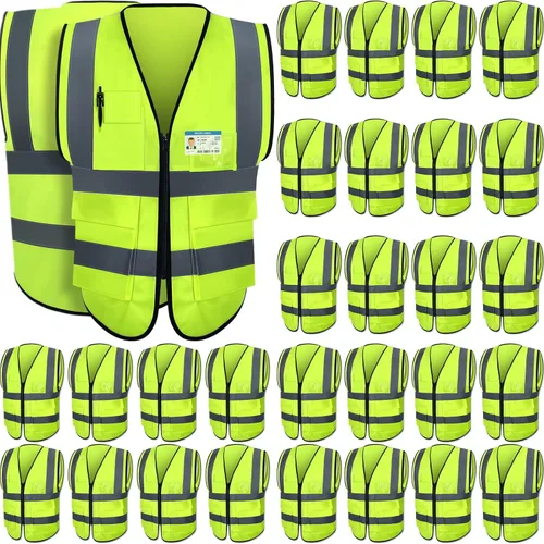 Leumoi Paquete de 30 chalecos de seguridad reflectantes con bolsillos y cremallera de alta visibilidad para mujeres y hombres para el trabajo Verde