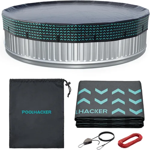 POOLHACKER Cubierta redonda de piscina de 8 pies para piscinas sobre el suelo, cubierta de piscina resistente al viento con cable de acero y sistema