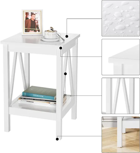 Miniatura 6 de IDEALHOUSE Mesa auxiliar para sala de estar, mesa auxiliar pequeña con estantes de almacenamiento de 2 niveles, mesas de noche redondas, mesa blanco