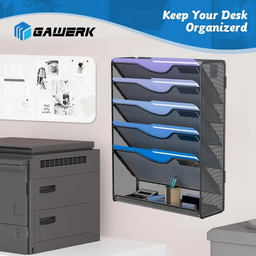 Miniatura 7 de Gawerk Organizador de archivos colgante de 6 niveles, soporte de malla para archivos de pared, estante para carpetas de papel con bandeja plana Negro