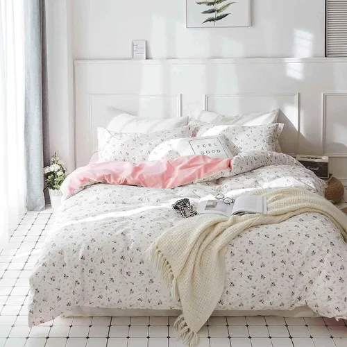 Miniatura 2 de Faincy Juego de edredón floral de tamaño individual, diseño de hojas de flores rosas y blancas, juego de cama alternativo reversible preppy, edredón