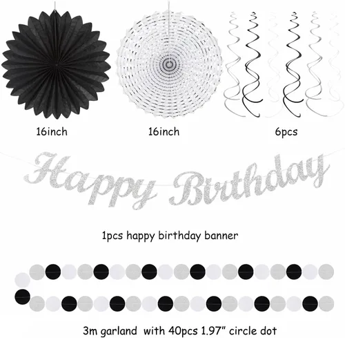 Miniatura 3 de Decoración de fiesta de cumpleaños negro blanco plateado - 21 piezas, pancarta feliz para niños y hombres, banderines de papel, linternas de panal