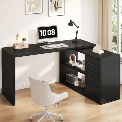 Miniatura 7 de HSH - Escritorio negro en forma de L con cajones y estantes, escritorio giratorio de 360 grados para oficina en casa, escritorio de esquina