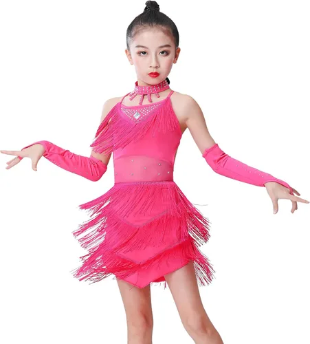AFAVOM Vestido de baile latino con borlas de lentejuelas para niñas, vestidos de patinaje artístico, ropa de baile con guantes, gargantilla y