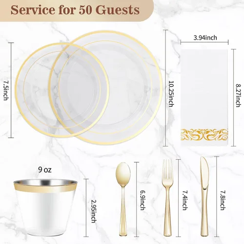 Miniatura 4 de BESTVIP Juego de vajilla desechable de 350 piezas de oro transparente para 50 invitados, platos de plástico para fiestas, bodas, Navidad, incluye