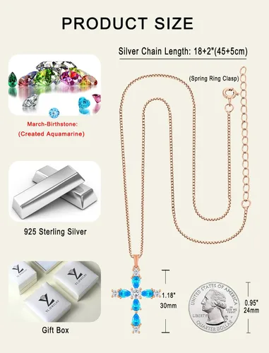 Miniatura 51 de YL Collar de cruz de plata de ley 925 con colgante de piedra natal religiosa para mujer