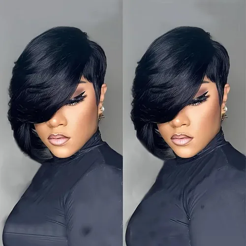 Miniatura 21 de PangDongLai Pelucas de cabello humano con corte Pixie para mujeres negras, pelucas de corte Pixie en capas con flequillo, sin pegamento, cabello