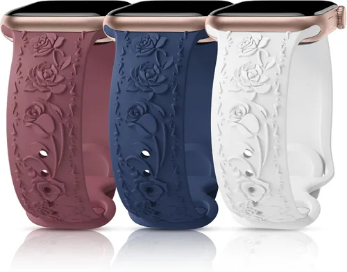 Miniatura 10 de 3 Packs Floral Engraved Bands Compatible with Apple Watch Band 40mm 41mm 38mm 42mm 44mm 45mm 49mm for Women, Silicone Cute Embossed Rose Apple Watch