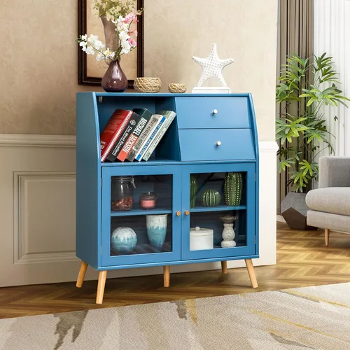 Miniatura 3 de Sophia & William Armario de almacenamiento azul, armario aparador con puertas y cajones de cristal, gabinete de acento de cocina para sala de estar