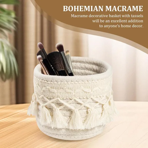 Miniatura 2 de HEAVYWOOD Organizador de brochas de maquillaje de macramé de 3.9 x 3.9 pulgadas, mini contenedores de maquillaje, bohemios, pequeños, redondos