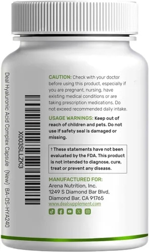 Miniatura 8 de DEAL SUPPLEMENT Complejo de ácido hialurónico 1,500 mg - 240 cápsulas, con MSM y vitamina C