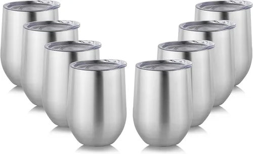 DOMICARE - Juego de 8 vasos de vino de 12 onzas con tapa, hechos de acero inoxidable con aislamiento al vacío de doble pared, color acero inoxidable
