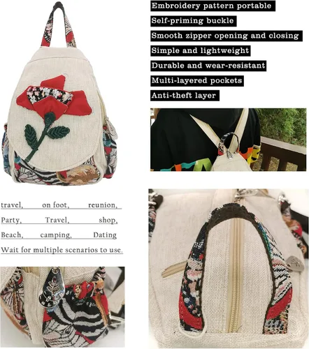 Miniatura 41 de HUANGGUOSHU Mochila de algodón tejida de algodón bohemio con bordado de lona estilo bohemio con múltiples bolsillos retro linda mochila cartera