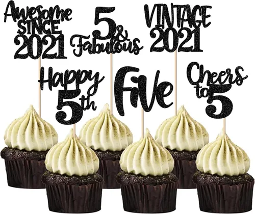 Rsstarxi Paquete de 24 adornos para cupcakes vintage 2019 con purpurina negra para 5º cumpleaños, saludos a 5, cinco, 5, 5 fabulosos para cupcakes