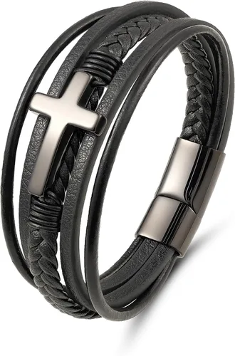 Miniatura 10 de Pulsera de cuero para hombre con cruz trenzada de varias capas con cierre de acero inoxidable, regalos religiosos cristianos para él
