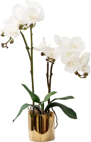 Miniatura 29 de CXGS Planta de orquídeas artificiales de tacto real, orquídeas falsas en jarrón de cerámica, naranja, 19.7 pulgadas, arreglo floral falso