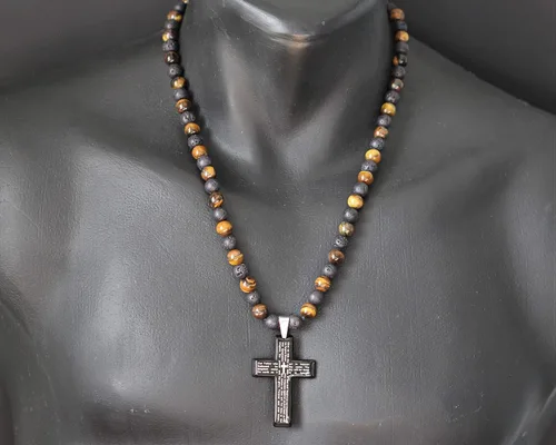 Miniatura 7 de Cross Necklace & Natural Tiger Eye Black Lava Gemstone Protection Beaded Long Macrame Adjustable Necklace Gift For Men's Christmas Gift