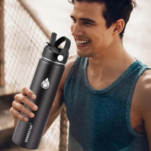 Miniatura 4 de SENDESTAR Botella de agua aislada de 24 onzas, boca ancha, botella de agua de 24 onzas con tapa con popote, tapa de boquilla, acero inoxidable
