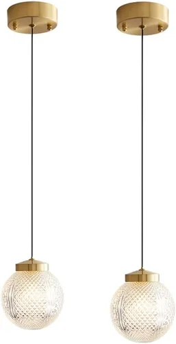 Miniatura 3 de Paquete de 2 lámparas colgantes de globo, lámpara colgante de cobre completo de mediados de siglo, con pantalla de vidrio transparente, lámpara