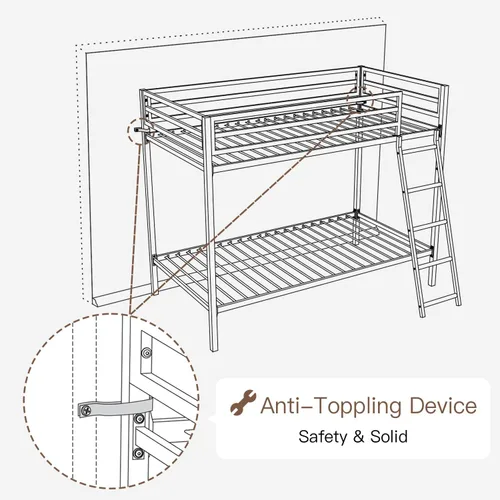 Miniatura 8 de ikalido Cama Litera de Metal Tipo Loft Tamaño Twin sobre Twin con Barandilla de Seguridad y Escalera, No Necesita Somier, Muebles de Dormitorio que