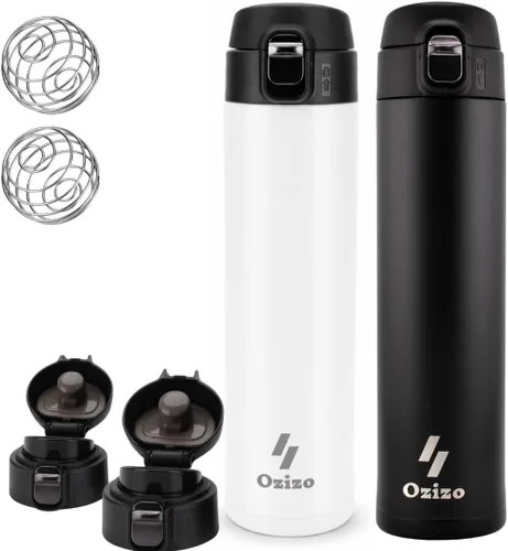 Miniatura 7 de Ozizo Taza de viaje aislada de acero inoxidable de 18 onzas con bola mezcladora, tapa de botón y boquilla de vertido, a prueba de derrames y fugas