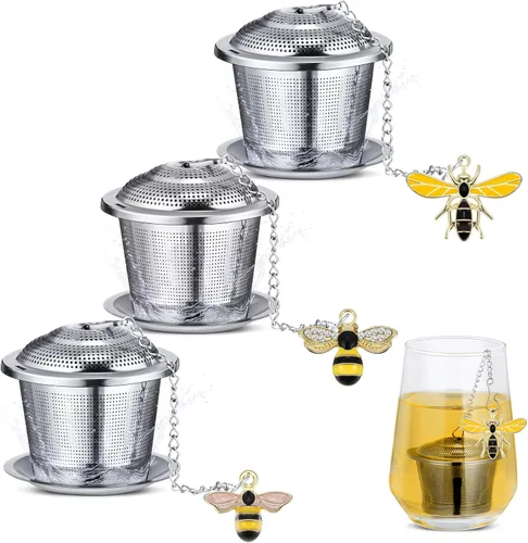 FoldTier 3 juegos de infusores de té sueltos, coladores de hojas de acero inoxidable con bandejas de goteo y colgante de abeja de miel, malla fina