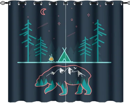 Miniatura 21 de Cortinas abstractas con estampado de cámper de caricaturas, divertido tema de aventura, campamento, montañas, vida silvestre, oso, tratamiento