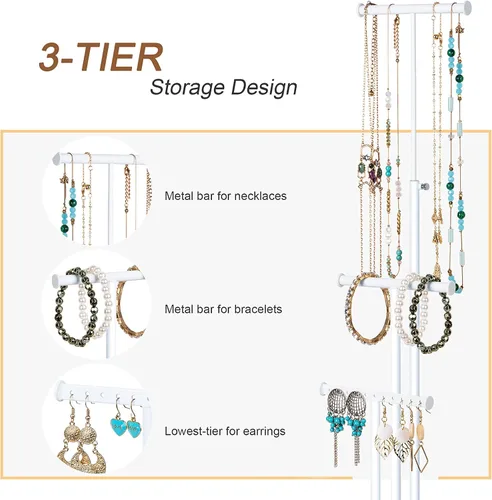 Miniatura 3 de Love-KANKEI Soporte para árbol de joyería, base de metal blanco y madera, organizador de joyas grande para collares, pulseras, aretes, organizador