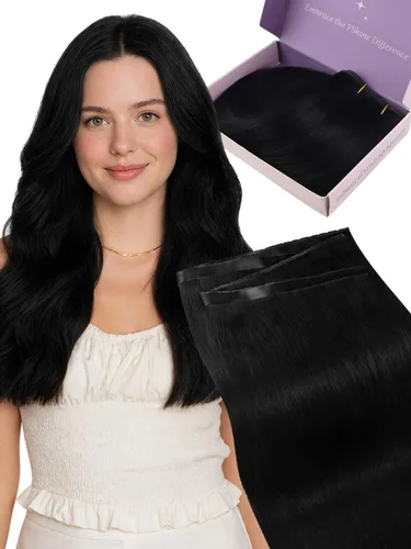 Fshine Extensiones de cabello humano real con trama de mariposa, trama invisible sin costuras, 16 pulgadas negro azabache, 1.76 oz, 1.76 onzas, con