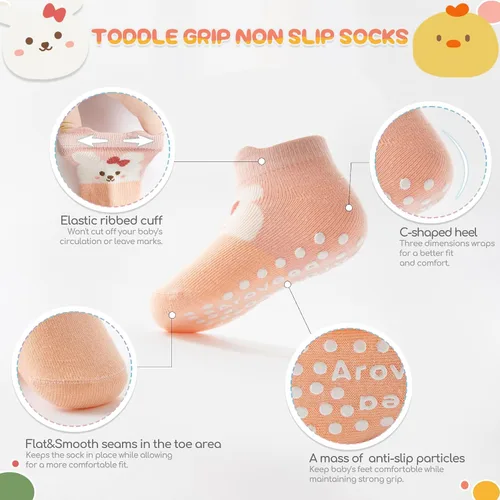 Miniatura 3 de Calcetines con Agarre Antideslizantes de Algodón para Bebés y Niños Pequeños, Niños y Niñas, Paquete de 12 Calcetines de Tobillo Lindos para Niños
