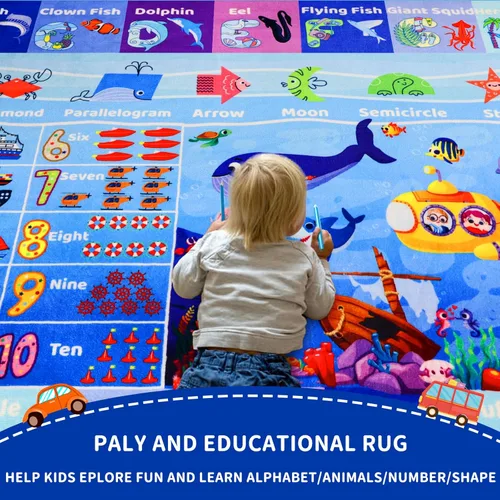 Miniatura 6 de Alfombra interactiva de aprendizaje del mundo oceánico de 3 pies 3 pulgadas x 5 pies con ABC, animales marinos, números y formas para niños pequeños