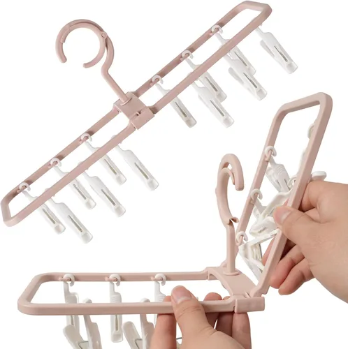 Miniatura 5 de Percheros de secado de ropa, paquete de 2 perchas portátiles plegables pequeñas con 12 clips, gancho giratorio de 360° para calcetines, toallas