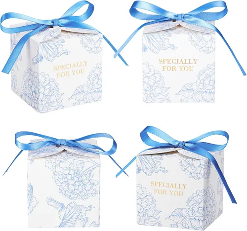 Miniatura 3 de Yoption 50 cajas de recuerdos de fiesta de hortensias, 2.75 x 2.75 x 2.75 pulgadas, cajas de dulces azules con cintas para decoración de bodas