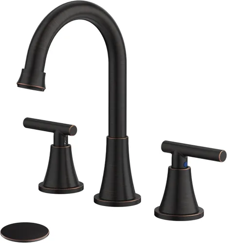 Miniatura 20 de Grifos de Baño para Lavabo de 3 Orificios, Hurran Grifo de Lavabo de Baño Dorado Cepillado con Desagüe Pop-up y Líneas de Suministro, Grifo Oro