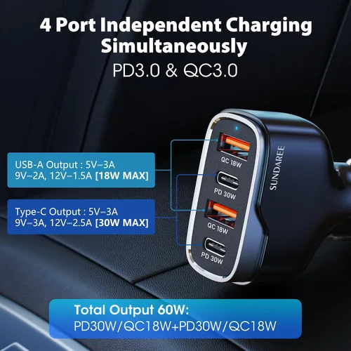 Miniatura 3 de Cargador de teléfono para automóvil, 60 W, 4 puertos, USB C, cargador de coche de carga rápida, adaptador de encendedor de cigarrillos, doble QC 3.0
