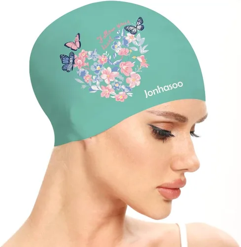Miniatura 14 de Gorro de natación para mujer, gorra de natación de silicona para cabello largo con estampado de flores Azul marino