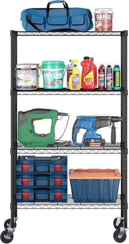 Miniatura 3 de Furinno Wayar - Carrito de almacenamiento de metal de 4 niveles con ruedas, 36 x 14 x 58 pulgadas, color negro