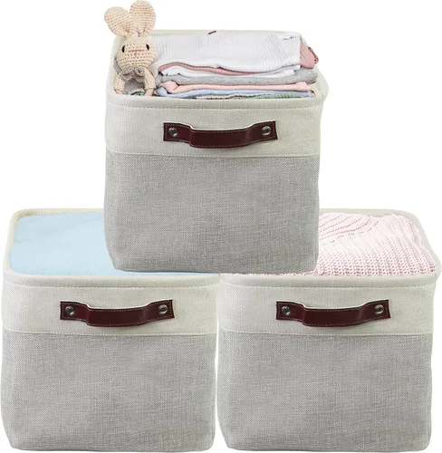 Miniatura 14 de Simple Houseware Cubos de almacenamiento de tela grandes de 13 x 13 pulgadas para armario y organizador de cubos, paquete de 3, color beige
