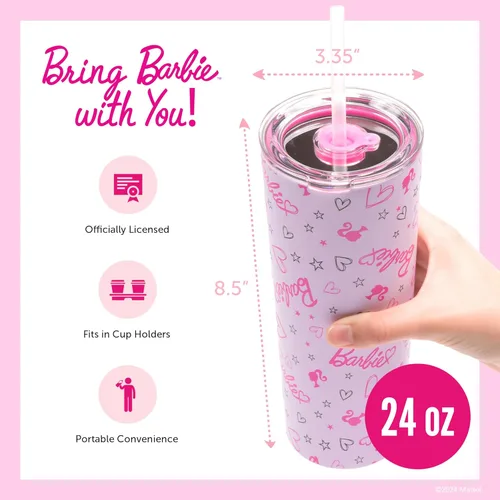 Miniatura 2 de Dragon Glassware x Barbie - Vaso térmico aislado al vacío con tapa y pajilla, vaso térmico de acero inoxidable de 24 onzas con 2 pajillas, vaso