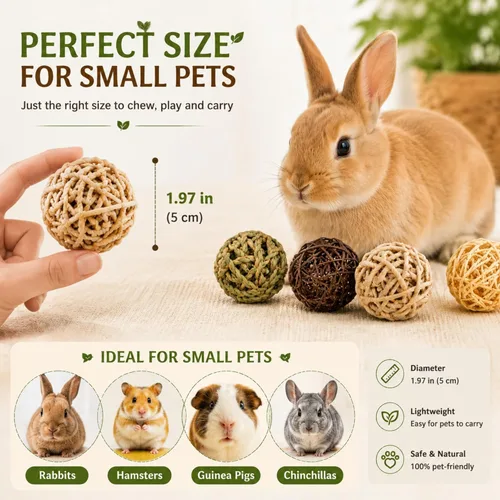 Miniatura 2 de Skylety 15 bolas masticables de conejo para conejos, juguetes de hierba rodante de animales pequeños y golosinas para conejillos de indias