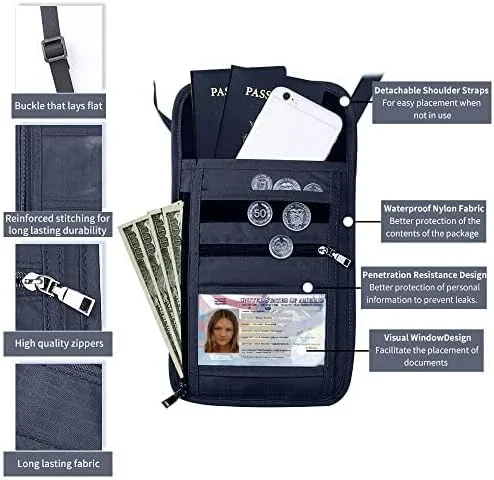 Miniatura 3 de Cartera de viaje, bolsa para el cuello con RFID impermeable multifuncional organizador de documentos, diseño de ventana visual, cartera de viaje