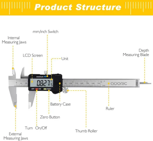 Miniatura 2 de Adoric - Calibrador digital electrónico, calibre digital electrónico con cuerpo de acero inoxidable y pantalla LCD grande 0-6 pulgadas Plateado