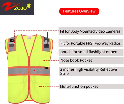Miniatura 4 de zojo Chalecos de seguridad de alta visibilidad con bolsillos, paquete de 5, chaleco reflectante al por mayor para trabajos al aire libre, ciclismo