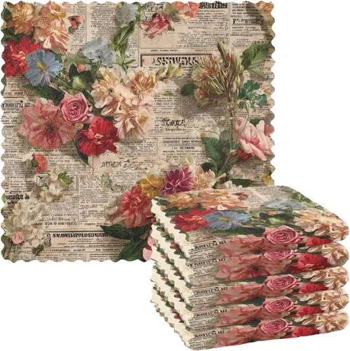 Juego de 6 paños de cocina y paños de cocina retro de periódico antiguo, flores rojas, paquete de 6 paños de cocina para cocina, divertidos