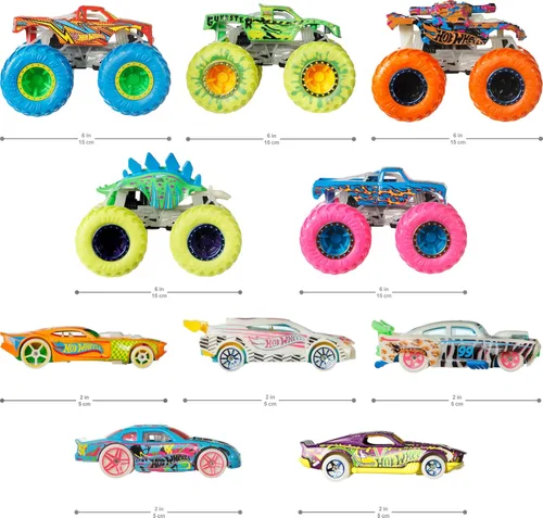 Miniatura 3 de Hot Wheels Toy Monster Trucks - Paquete de 10 vehículos a escala 1:64 que brillan en la oscuridad, juego de 5 camiones y 5 autos, vehículos de juego