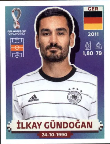 2022 Panini World Cup Soccer Sticker #GER12 Ilkay Gundogan Germany Group E Official Qatar WC Album Sticker in Raw (NM or Better) - Measuring 2