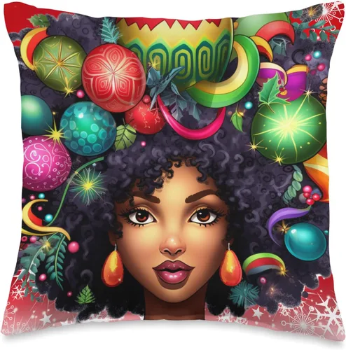 Black women Christmas ornament melanin curly hair Melanin Christmas Queen Xmas Black Girl Magic Ornament Throw Pillow, 16x16, Multicolor