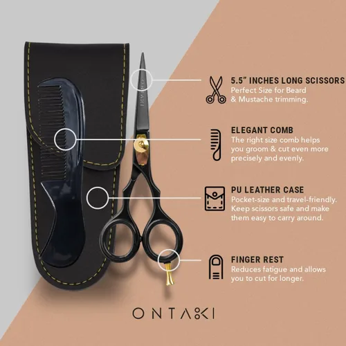 Miniatura 4 de Ontaki Tijeras para barba y bigote para hombre, acero japonés de 5.5 pulgadas, color negro, cuchillas afiladas de precisión, reposapiés ergonómico